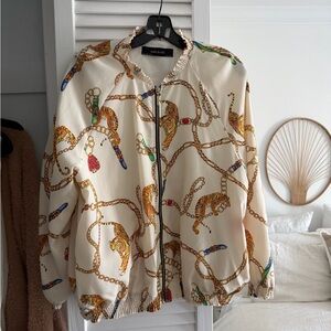 Zara Cream Bomber Jacket with Tiger and Chain Design